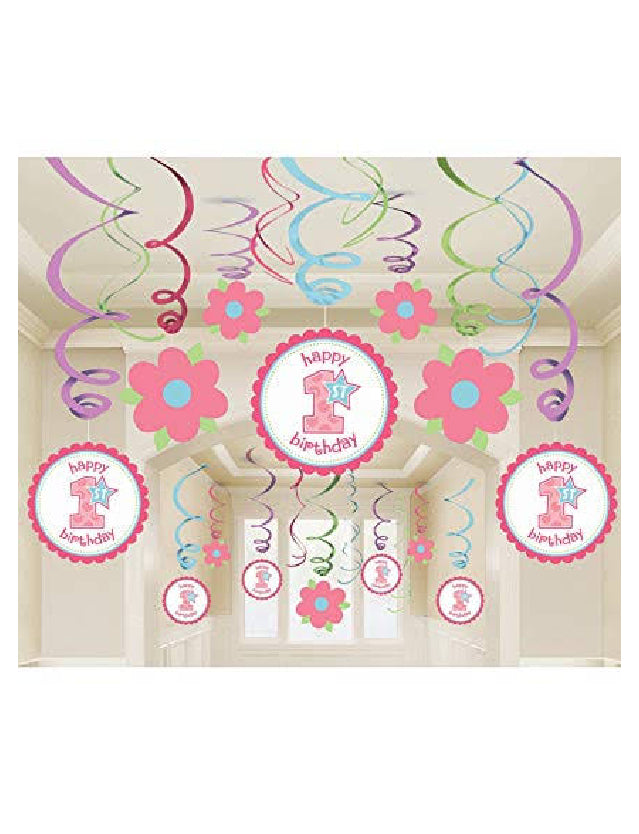 Sweet 1st Birthday Girl Swirl Decoration-12pcs