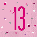 13th Birthday Pink & Silver Lunch Napkins -16pcs