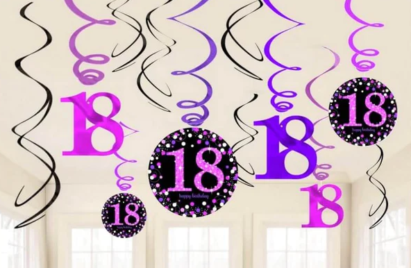 18th Birthday Pink & Black Swirl Decoration -12pcs