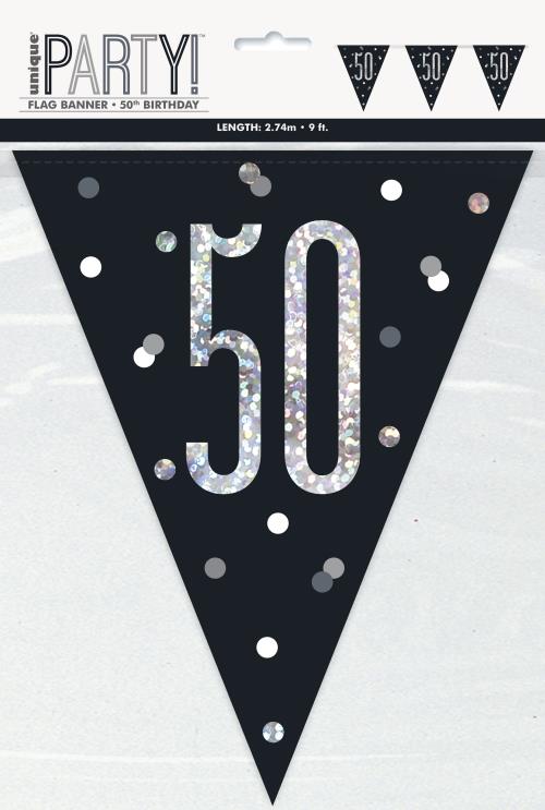 50th Glitzy Black Pennant Banner – 9ft