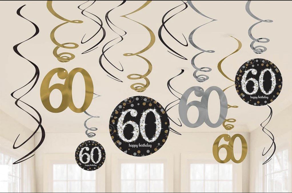 60th Birthday Swirl Decorations -12pcs