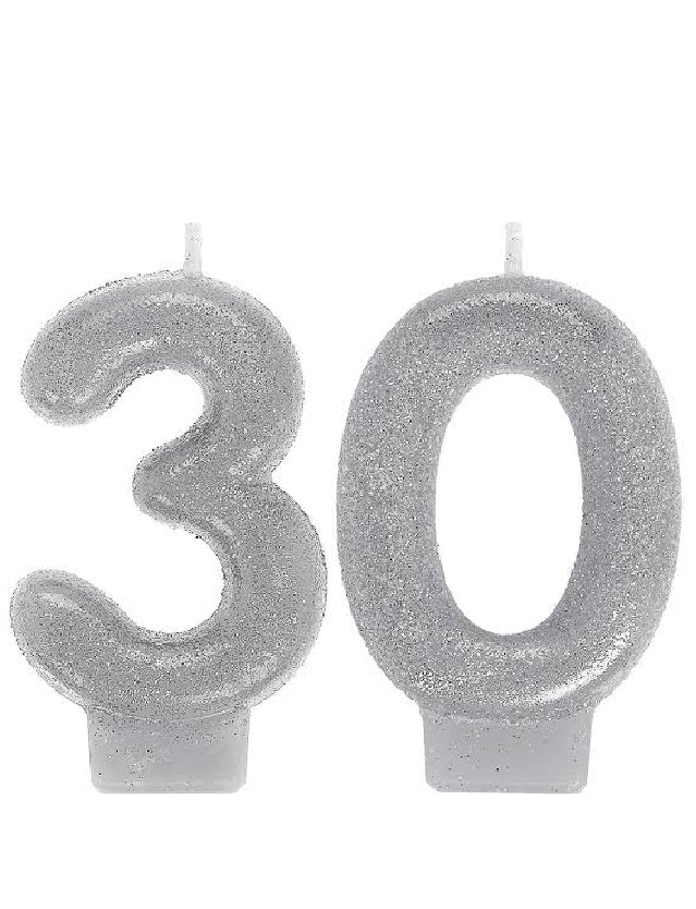 30th Birthday Sparkle Candle -Silver