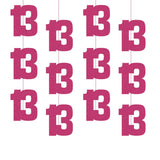 13th Birthday Glitzy Pink Hanging String Decorations-6 Pack