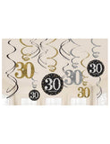 30th Birthday Sparkle Black & Gold Swirl Decorations -12pcs